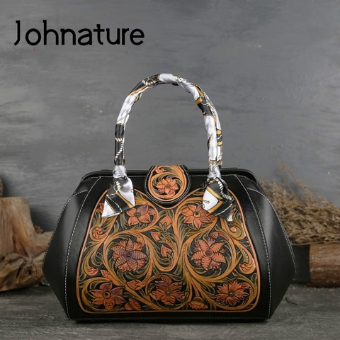 Johnature Luxury Handbags Women Bags Designer 2022 New Retro High Quality Handmade Embossing Hard Cowhide Totes Handbag ► Photo 1/6