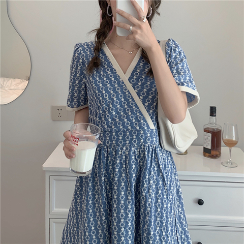 Snordic Women Summer Elegant V Neck Jacquard Floral Long Dress Blue High Waist Short Sleeve Exquisite Midi Dresses ► Photo 1/6