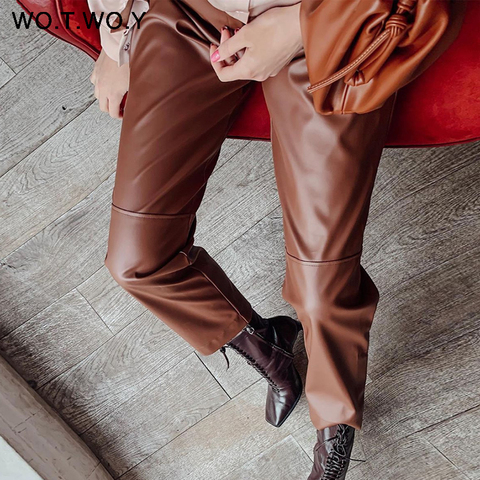 WOTWOY Elastic High Waist Fleece Straight Leather Pants Women Loose Patchwork Faux Leather Trouser Women Pockets Mujer Pantalone ► Photo 1/6