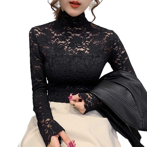 Autumn Women Thin Black Lace T shirt Sexy Turtleneck Long Sleeve Slim Lace Crochet Patchwork Tee Tops WDC6074 ► Photo 1/6