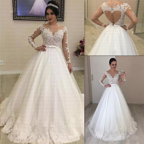 Appliques Long Sleeves Vestido De Noiva Amazing Open Back Lace Wedding Dress 2022 Bow Wedding Gown Bridal Dress ► Photo 1/3