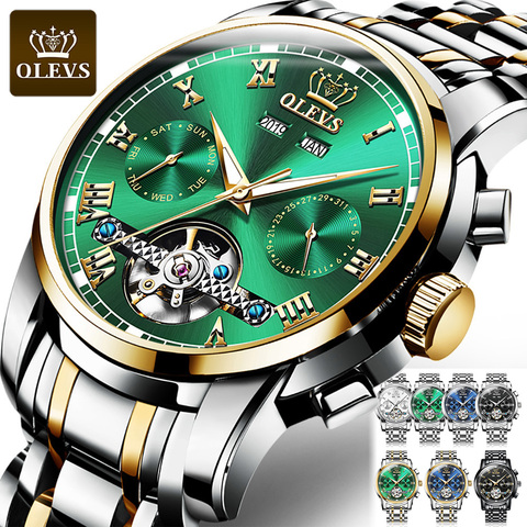 OLEVS Automatic Mechanical Men Watches Stainless Steel Waterproof Date Week Green Perpetual Calendar Classic Luxury Wrist Watch ► Photo 1/6