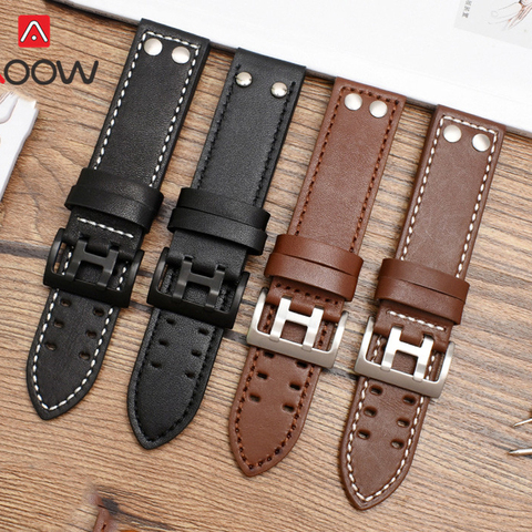 20mm 22mm Genuine Leather Watch Strap Rivet Men Replacement Bracelet Wrist Band for Hamilton Khaki Aviation H77755533 H77616533 ► Photo 1/6