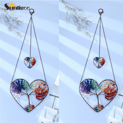 Sunligoo Heart Tree of Life Feng Shui Hanging Ornament 7 Chakra Tumbled Gemstone Spiritual Meditation Home Wall Window Car Decor ► Photo 1/6