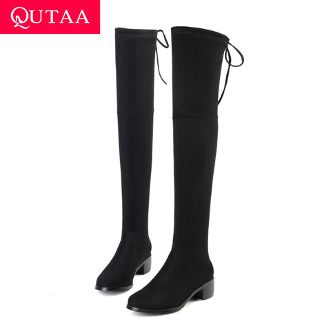 QUTAA 2022 Women Winter Boots Fashion All Match Elastic Fabric Over The Knee High Shoes Square Mid Heel Women Boots Size 34-43 ► Photo 1/6