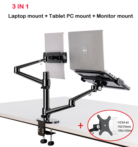 OL-3T Aluminum 3 in 1 Height Adjustable Desktop Dual Arm 17-32 inch Monitor Holder+10-17 inch Laptop Stand +14 inch Tablet Mount ► Photo 1/6