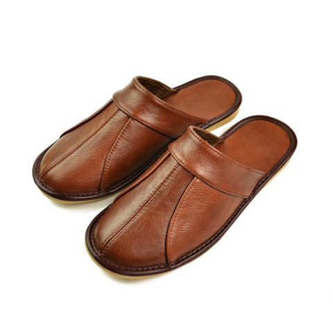 Luxury Cow Split Leather Handmade Men Home Slippers Spring Slip On Soft Comfortable Black Brown Bedroom Indoor Flat Men Shoes ► Photo 1/6