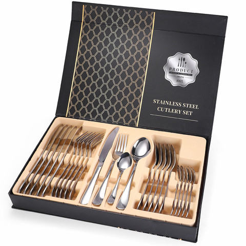 Gold Tableware Stainless Steel Cutlery Fork Spoons Knives Set Gold Cutlery Set Table Cutlery 24 Pieces with Case Dropshipping ► Photo 1/6