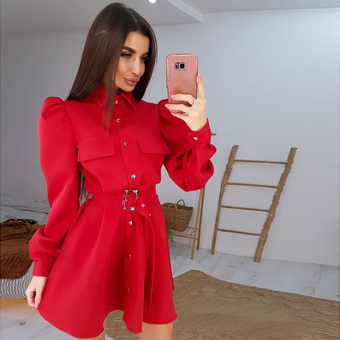 Women Puff Sleeve Fashion Belt Dress Ladies Turn Down Collar a Line Mini Party Dress 2022 New Spring High Waist Casual Solid ► Photo 1/6