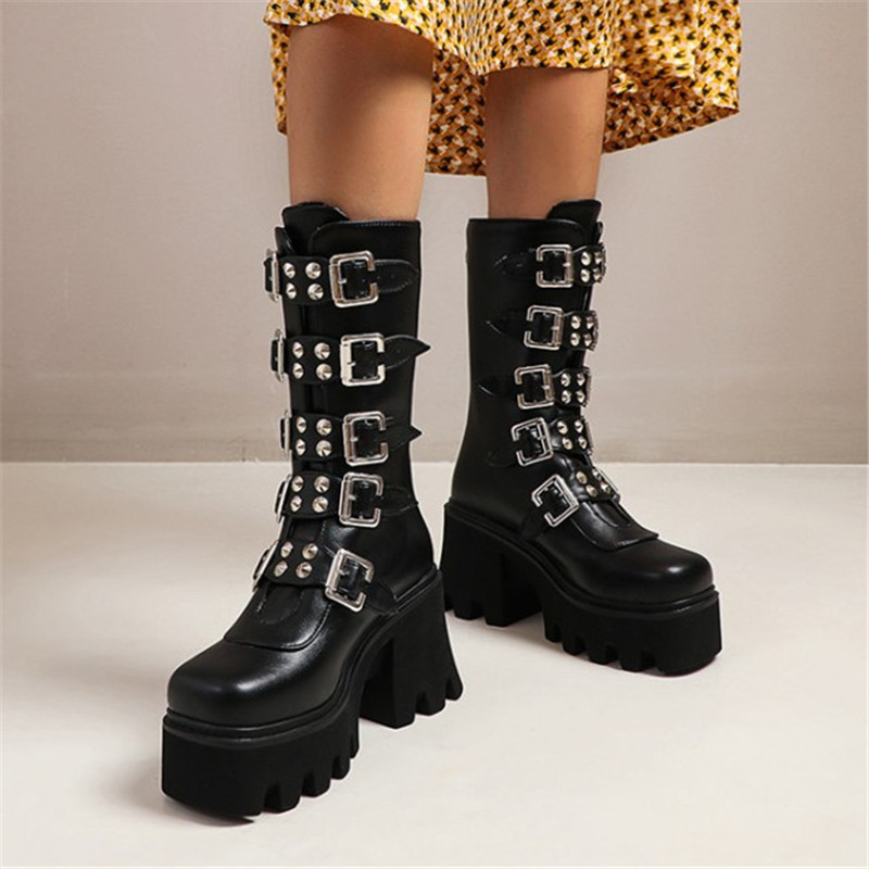 Women Punk Platform Buckle Strap Wedge heel Rivet Punk Ankle Boots Gothic Shoe