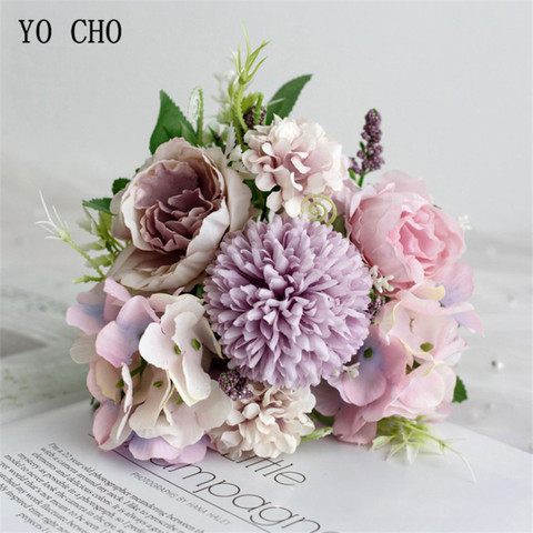 YO CHO Big Roses Hydrangea Artificial Flowers for Wedding Bouquet Home Decoration Rose Silk Bouquet Fake Flowers Head Plast Stem ► Photo 1/6