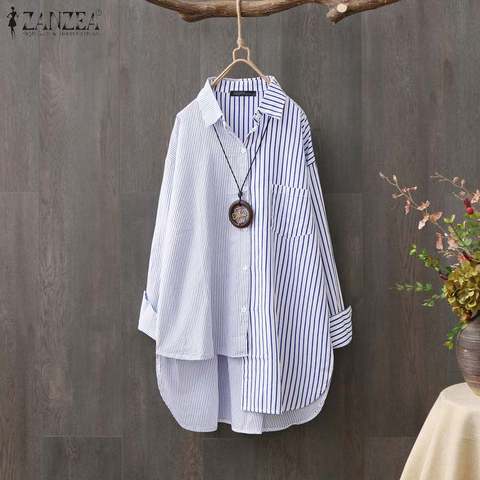 Women's Striped Shirts ZANZEA 2022 Elegant Asymmetrical Tops Casual Long Sleeve Blusas Female Button Patchwork Tunic Oversized ► Photo 1/6