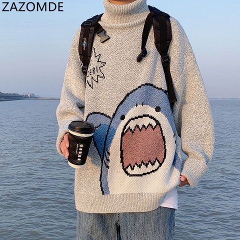 ZAZOMDE Men Turtlenecks Shark Sweater Men 2022 Winter Patchwor Harajuku Korean Style High Neck Oversized Grey Turtleneck For Men ► Photo 1/6