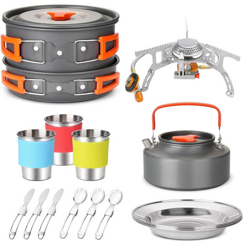 Camping Travel Equipment Tableware Cookware Kit Pots Burner Gas Stove Accessories Kitchen Utensils Sets Picnic BBQ Supplies ► Photo 1/6