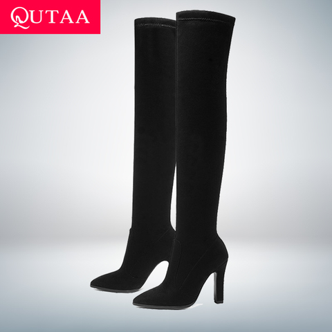 QUTAA 2022 Women Over The Knee High Boots Slip on Winter Shoes Thin High Heel Pointed Toe All Match Women Boots Size 34-43 ► Photo 1/6