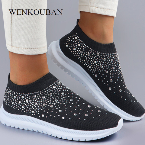 Summer Sneakers Women Flat Shoes Crystal Fashion Bling Sneakers Casual Slip On Sock Trainers Ladies Vulcanize Shoes Basket Femme ► Photo 1/6