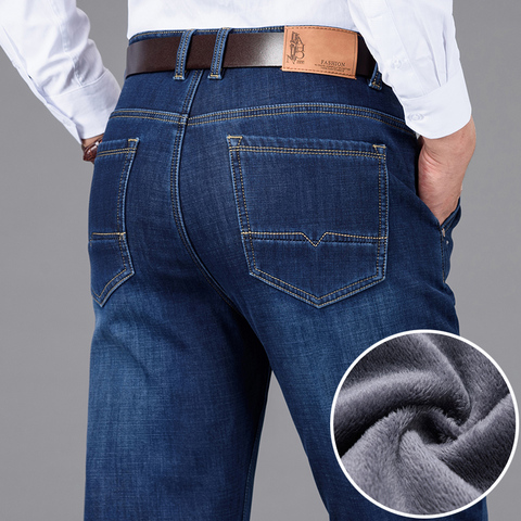 Classic Style Winter Men's Warm Business Jeans Fashion Casual Denim Stretch Cotton Thick Fleece Denim Pants Male Brand Trousers ► Photo 1/6