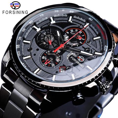 Forsining Three Dial Calendar Stainless Steel Men Mechanical Automatic Wrist Watches Top Brand Luxury Military Sport Male Clock ► Photo 1/6