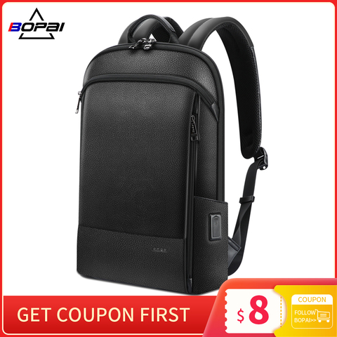 BOPAI Genuine Leather Slim Laptop Backpack Ultra Slim Men 15.6 Inch Anti Theft Backpacks School Unisex Black Ultralight Bagpack ► Photo 1/6