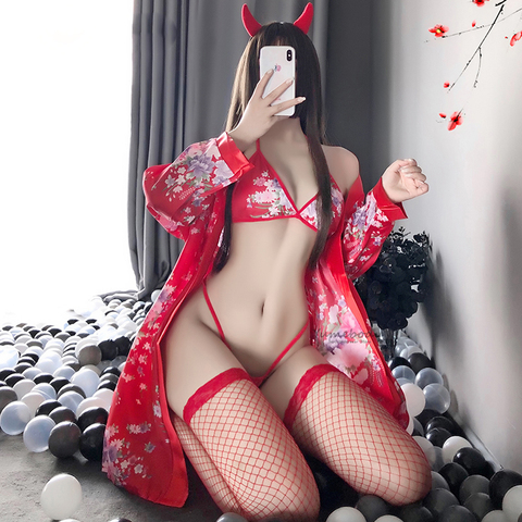 Japanese Kawaii Lingerie Cosplay Costume Sakura Girl Kimono Dress Yukata Bathrobe Women Floral Wedding Bridal Uniform Robes ► Photo 1/6