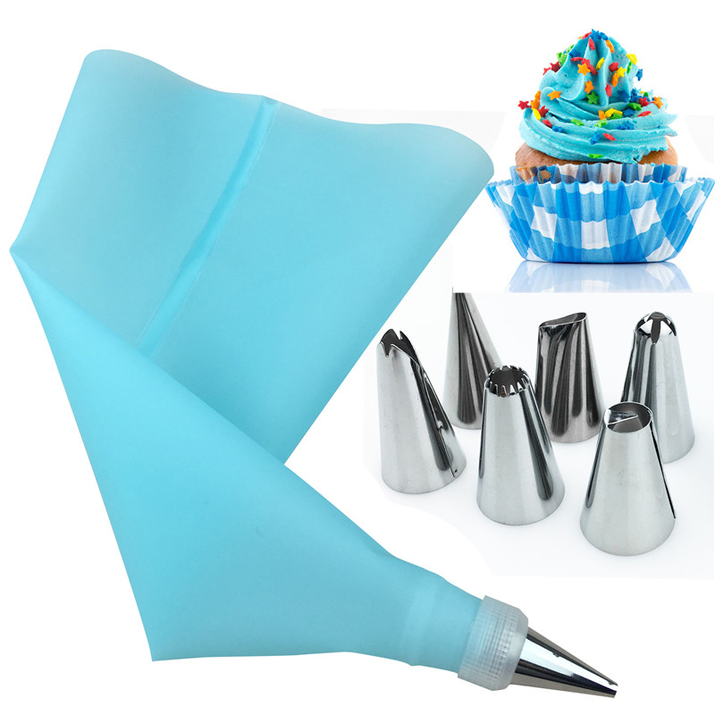 1pc Silicone Icing Piping Cream Pastry Bag 6PC Stainless Steel Noz I 