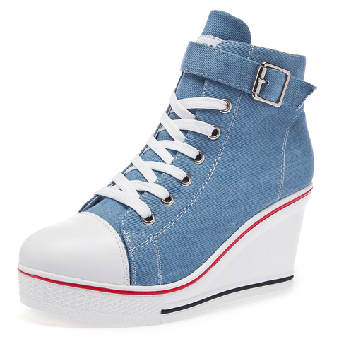 Women High Top Canvas Sneakers Wedges Shoes Women's Denim Ankle Lace Up Ladies Ankle Canvas Shoes Woman Plus size 35-43 ► Photo 1/6