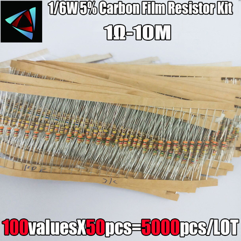 1/6W 5% 1R~1M 100valuesx50pcs=5000pcs Carbon Film Resistor Assorted Kit ► Photo 1/2