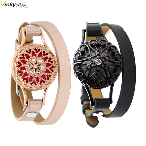 Magnet Flowers 26mm Black Genuine Leather Aroma Locket Stainless Steel Bangle Essential Oils Aromatherapy Locket Bracelet ► Photo 1/6