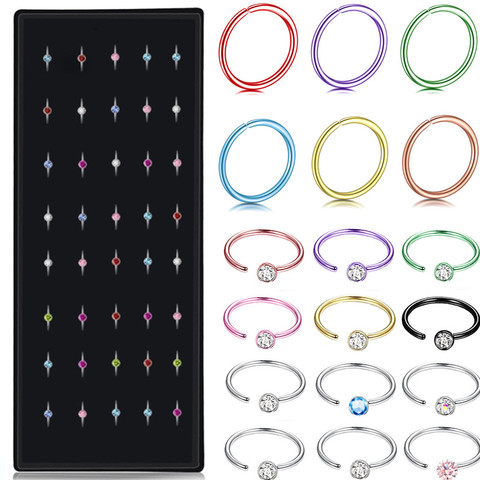 40PCS Stainelss Steel Crystal Hoop Nose Ring Set 20G Cartilage Earrings Hoop Set Hoop Nose Piercing Lot Fake Helix Hoop Lip Ring ► Photo 1/6