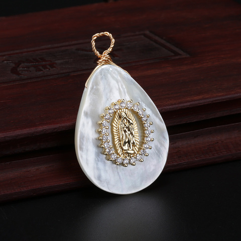 white clear cz glass crystal paved Virgin Mary religious charm natural white water drop shell pendant choker necklace for women ► Photo 1/5