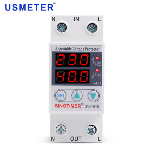 SVP-916 40A 63A 80A Over Voltage Protection Limit Current Dual Display Surge Protector 220V Automatic Adjustable Voltage Relay ► Photo 1/6