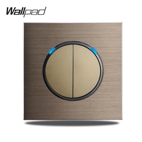 Wallpad L6 2 Gang 1 2 Way Push Button Wall Light Switch Brown Brushed Aluminum Satin Metal Panel Weak Blue LED Indicator ► Photo 1/6