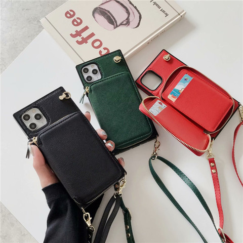 Luxury Zipper Wallet Square Case For iPhone 11 12 Pro Max X XS XR Mini 6S 7 8 Plus SE 2022 Leather Strap Cord Card Holder Cover ► Photo 1/1