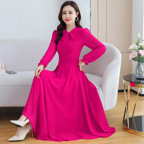 New 6 Colors Solid Chiffon Beach Maxi Dresses 2022 Spring Elegant 4XL Plus Size Long Sleeve Dress  Autumn Women Bodycon Vestidos ► Photo 1/6