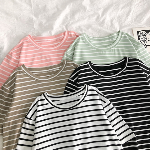 T Shirt Women Solid Color Striped Punk T-shirt O-Neck Casual Harajuku Short Sleeve Korean Fashion Shirt Camiseta Feminina Top ► Photo 1/6