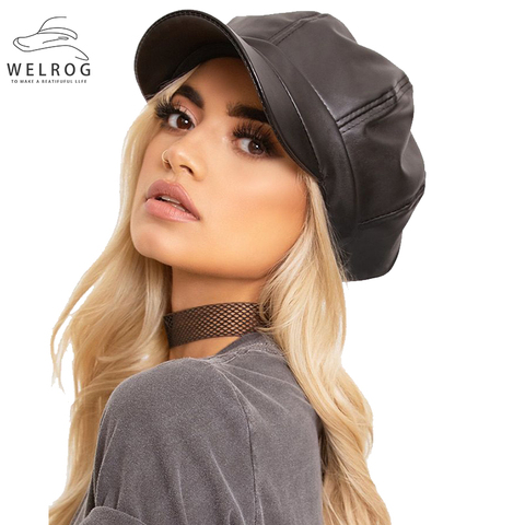 WELROG Women PU Peaked Beret Cap Girls Retro Solid Color Octagonal Cap Winter Autumn Painter Hats Classy Faux Leather Beret Hats ► Photo 1/6