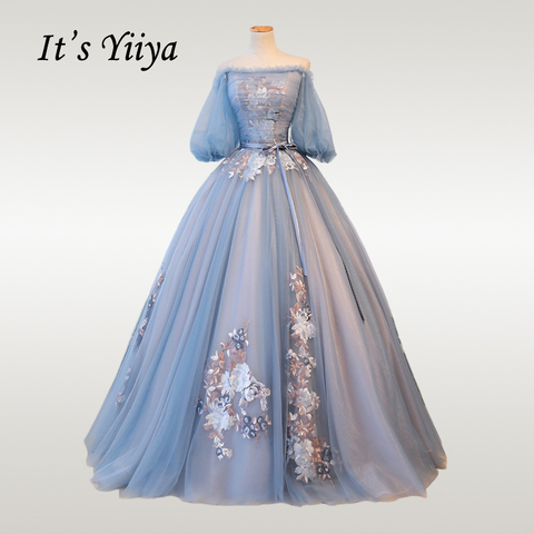 It's YiiYa Wedding Dress Elegant Blue Lantern Sleeve Wedding Dresses Bow Lace Plus Size Floor Length Robe De Mariee CH069 ► Photo 1/6