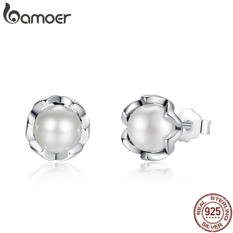 BAMOER 925 Sterling Silver Cultured Elegance Stud Earrings With White Fresh Water Cultured Pearl Sterling Silver Jewelry PAS420 ► Photo 1/6
