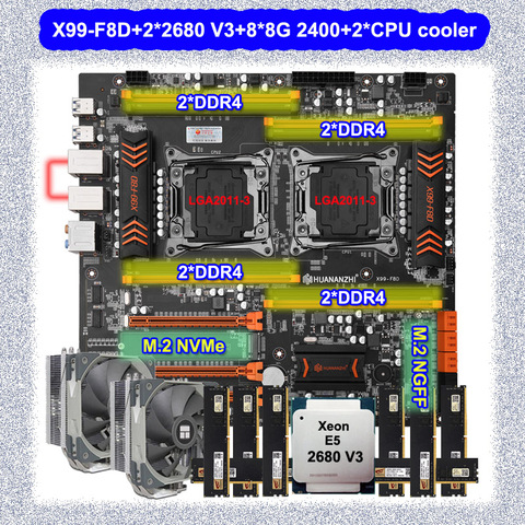 HUANANZHI X99-F8D LGA2011-3 motherboard with dual Xeon processor E5 2680 V3 with dual CPU cooler memory 64G(8*8G) 2400 PC DIY ► Photo 1/6