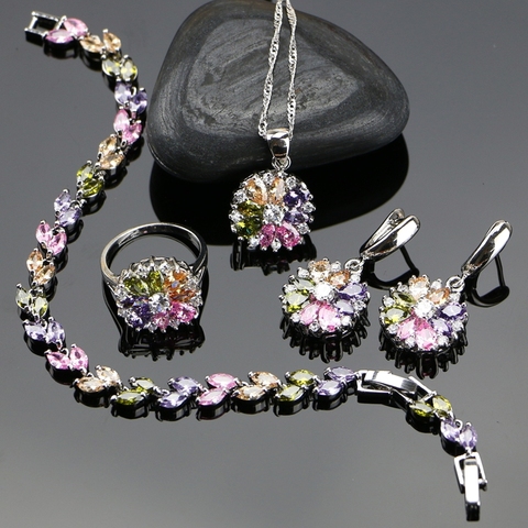 Bride 925 Silver Jewelry Sets For Women Flower With Multicolor Cubic Zirconia Necklace/Ring/Earrings/Bracelet/Pendant ► Photo 1/6