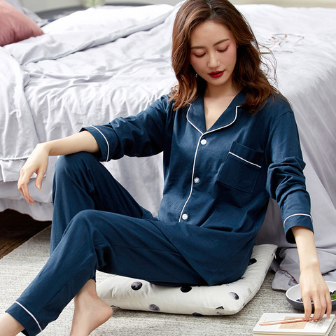 Winter 100% Cotton Pajama for Women PJ Full Sleeves Homewear Blue Pijama Mujer Invierno Pure Cotton Sleepwear 2PCS Pyjama Femme ► Photo 1/6