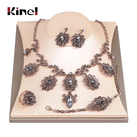 Kinel Luxury 4Pcs Gray Crystal Flower Bridal Wedding Jewelry Sets Antique Gold Color Turkey Earring Necklace Bracelet Ring Women ► Photo 1/6