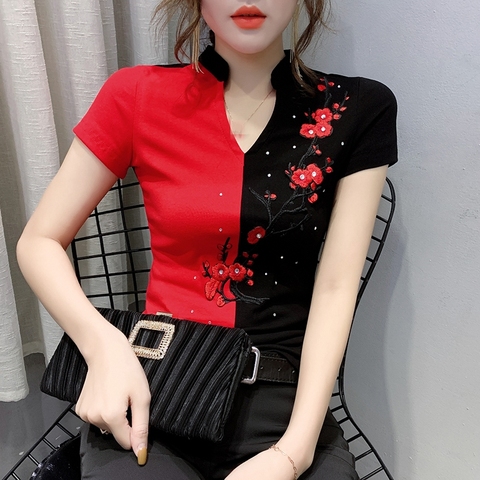 2022 New Summer Fashion Folk Clothes Sexy Patchwork Embroidery Diamonds T-shirt Women Tops Ethnic Ropa Mujer Shirt Tees T02005 ► Photo 1/6