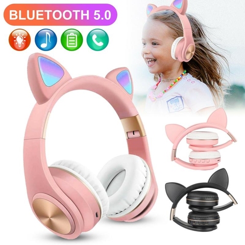 Cute Cat Ears LED Flashing Headphones Bluetooth 5.0 Young People Kids Headset Support TF Card 3.5mm Plug With Mic FM ► Photo 1/6