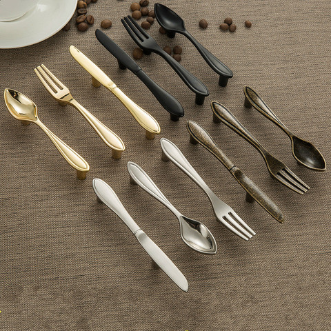 Creative cutlery cabinet handle knife and fork spoon black brushed bright chrome handle cabinet door 76 hole distance handle ► Photo 1/6