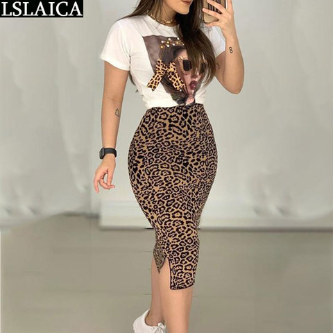 Two Peice Set For Women Casual O-Neck T Shirt& Skirt Set Fashion Leopard Print Office Women Set Elegance Skinny Ropa Femenina ► Photo 1/3