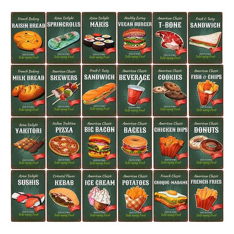 Fast Food Poster Burger Retro Signs Metal Vintage Plaque Wall Pub Bar Kitchen French Fries Plate Home Decor 20x30cm ► Photo 1/6