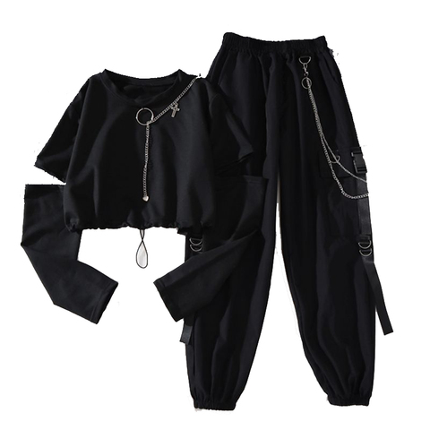 Spring Autumn Women Harajuku Cargo Pants Handsome Cool Two-piece Suit Chain Long Sleeve+Ribbon Pants ► Photo 1/6