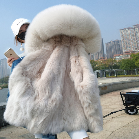 2022 women's fur jacket denim jacket natural fox fur lining jacket ladies women winter warm cotton coat ► Photo 1/6