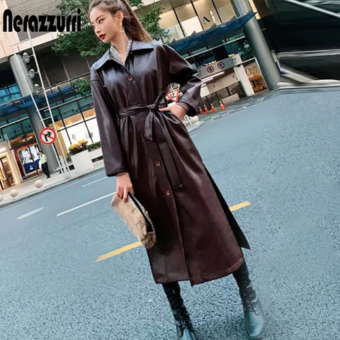 Nerazzurri Autumn long leather trench coat for women long sleeve belt button faux leather raincoat women plus size fashion 2022 ► Photo 1/6